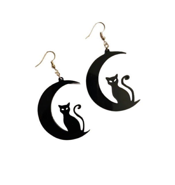 Witch Cat Sitting on Moon Earrings Plastic –Enchanting Accessories for Halloween