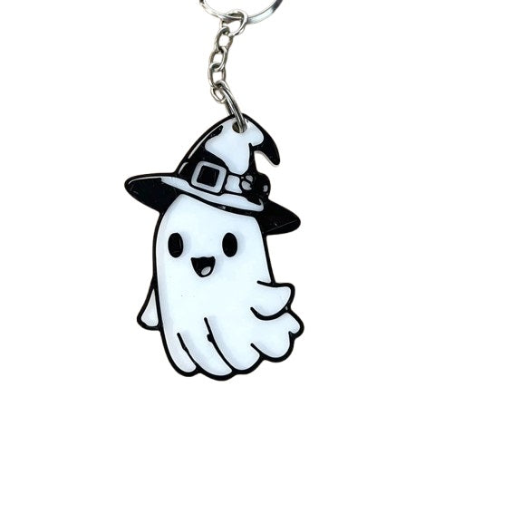 Cute Halloween Ghost Keychain with Witch Hat - Adorable Plastic Accessory