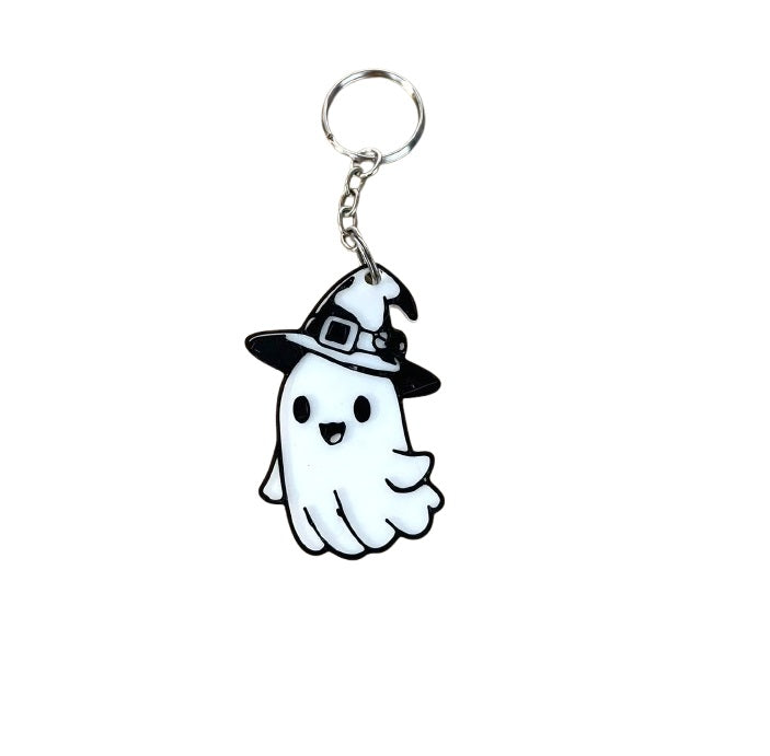 Cute Halloween Ghost Keychain with Witch Hat - Adorable Plastic Accessory