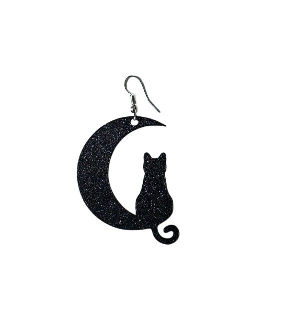 Moon Cat Earrings - Halloween Plastic Earrings with Cat on Crescent Moon