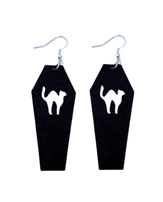 Halloween Cat Coffin Earrings - Spooky Plastic Earrings with Cat Coffin Design