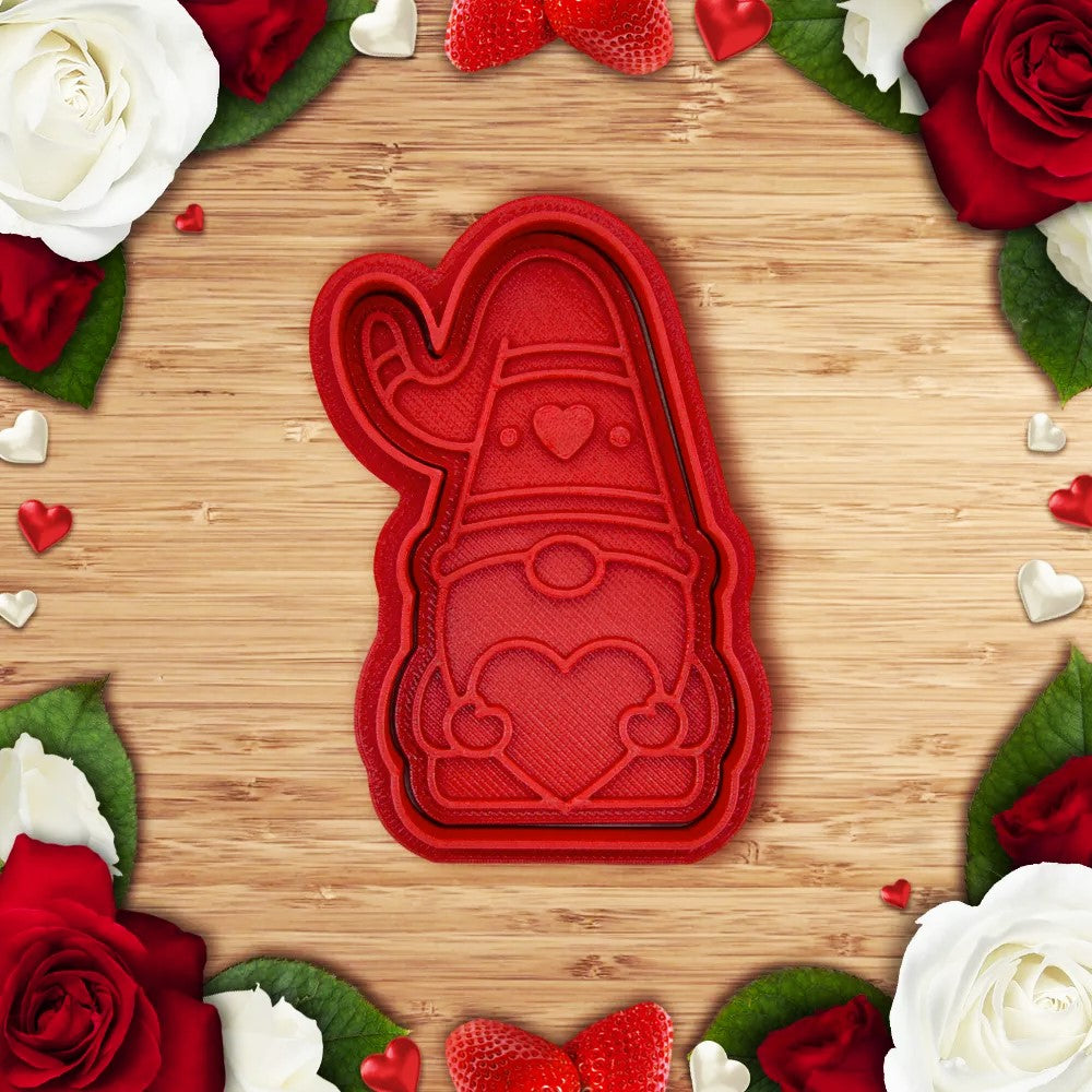 Valentine's Day Gnome Cookie Cutter & Stamp - Plastic | Cute Gnome With Heart Cookie Cutter