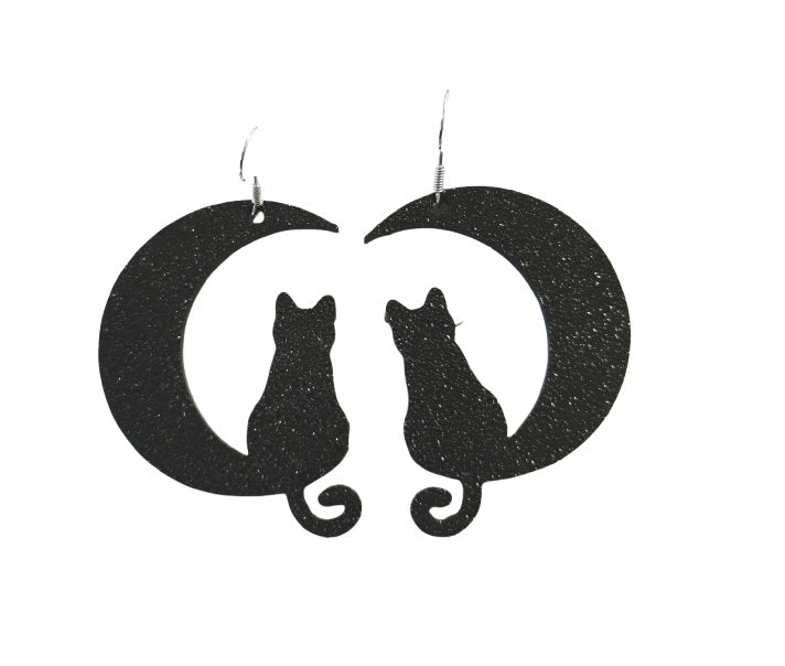 Moon Cat Earrings - Halloween Plastic Earrings with Cat on Crescent Moon