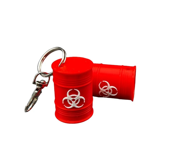 Biohazard Waste Barrel Keychain - Durable Plastic Mini Barrel Keyring for Bags