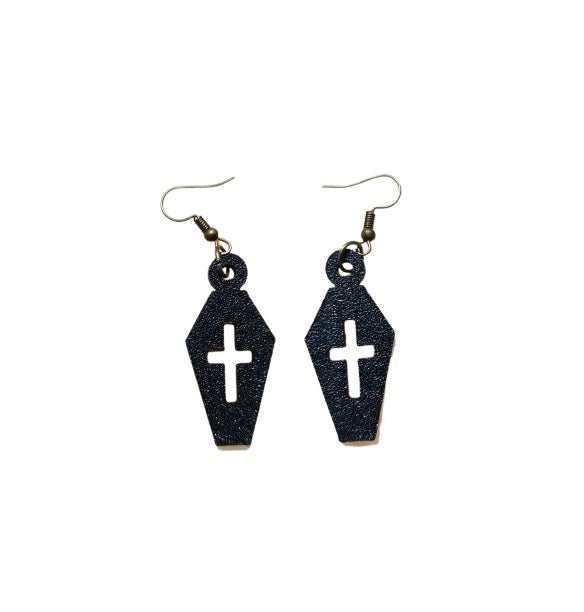 Coffin with Cross Halloween Earrings - Plastic Spooky Earrings for Festive Fun
