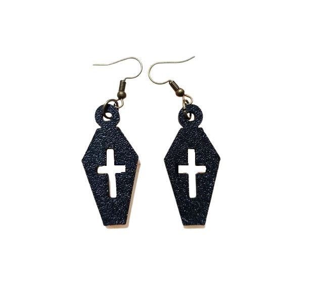 Coffin with Cross Halloween Earrings - Plastic Spooky Earrings for Festive Fun