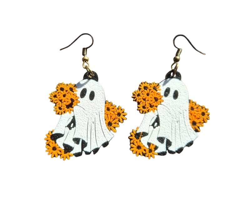 Ghost Flower Halloween Earrings - Plastic Design with Sunflower Details