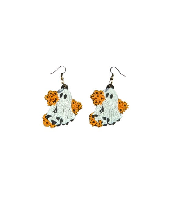 Ghost Flower Halloween Earrings - Plastic Design with Sunflower Details