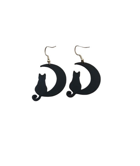 Moon Cat Earrings - Halloween Plastic Earrings with Cat on Crescent Moon