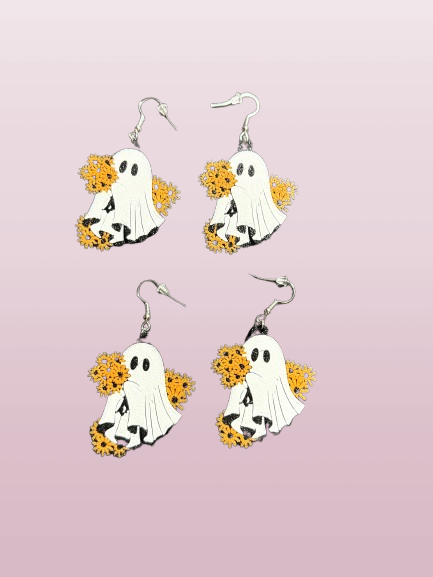 Ghost Flower Halloween Earrings - Plastic Design with Sunflower Details
