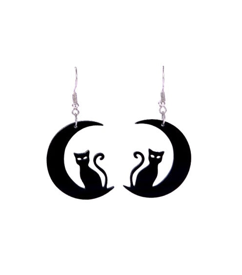Witch Cat Sitting on Moon Earrings Plastic –Enchanting Accessories for Halloween