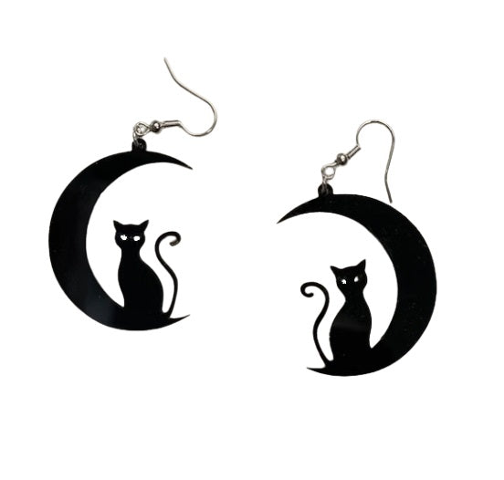 Witch Cat Sitting on Moon Earrings Plastic –Enchanting Accessories for Halloween