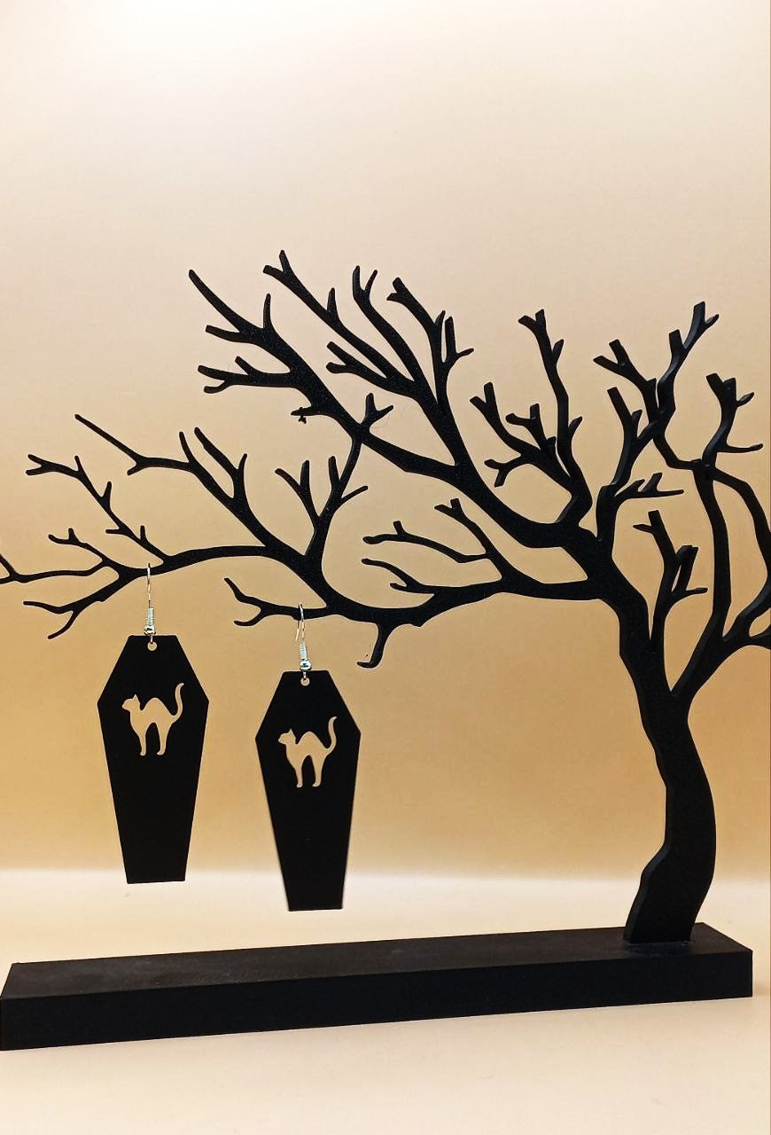 Halloween Cat Coffin Earrings - Spooky Plastic Earrings with Cat Coffin Design