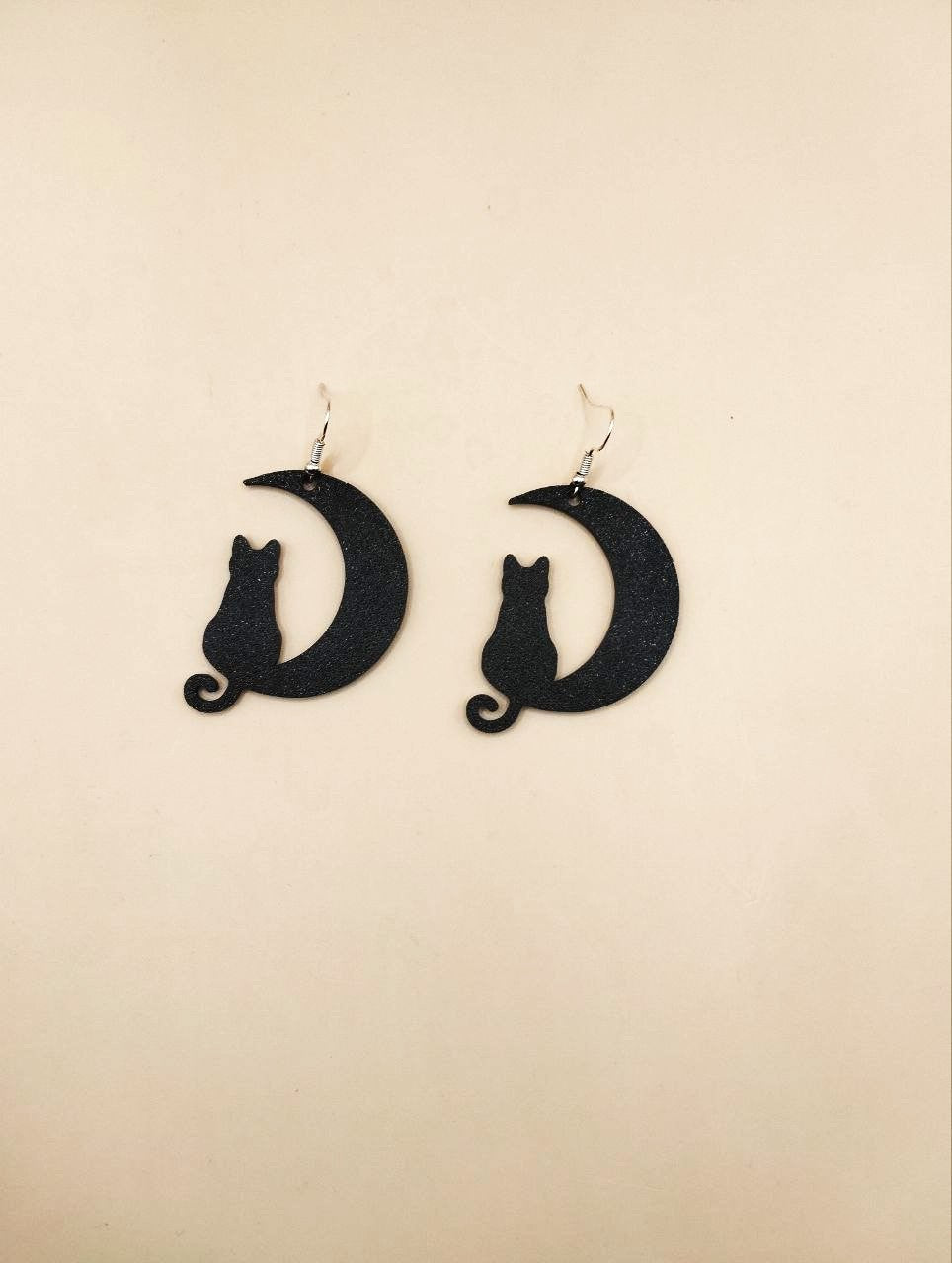 Moon Cat Earrings - Halloween Plastic Earrings with Cat on Crescent Moon