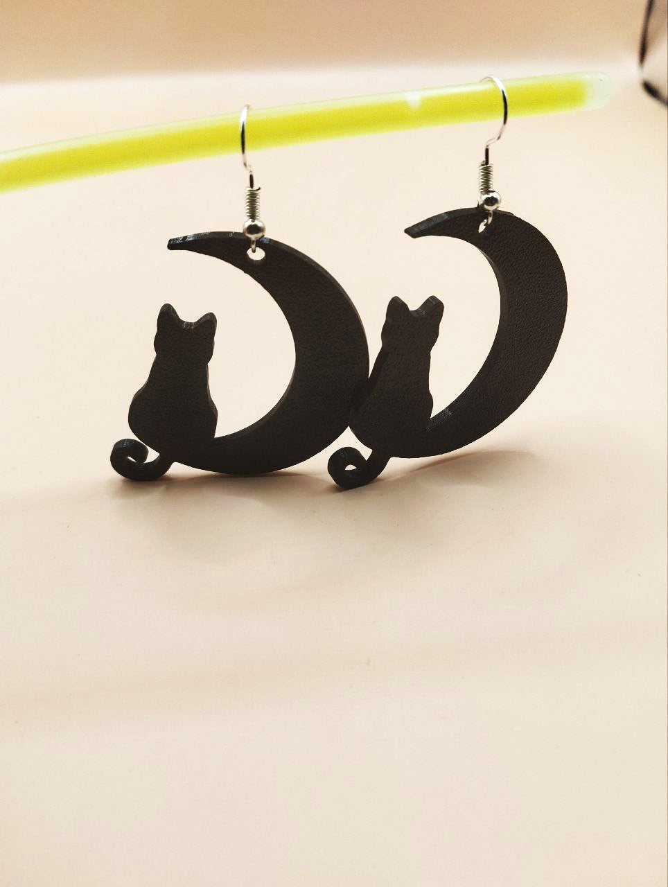 Moon Cat Earrings - Halloween Plastic Earrings with Cat on Crescent Moon