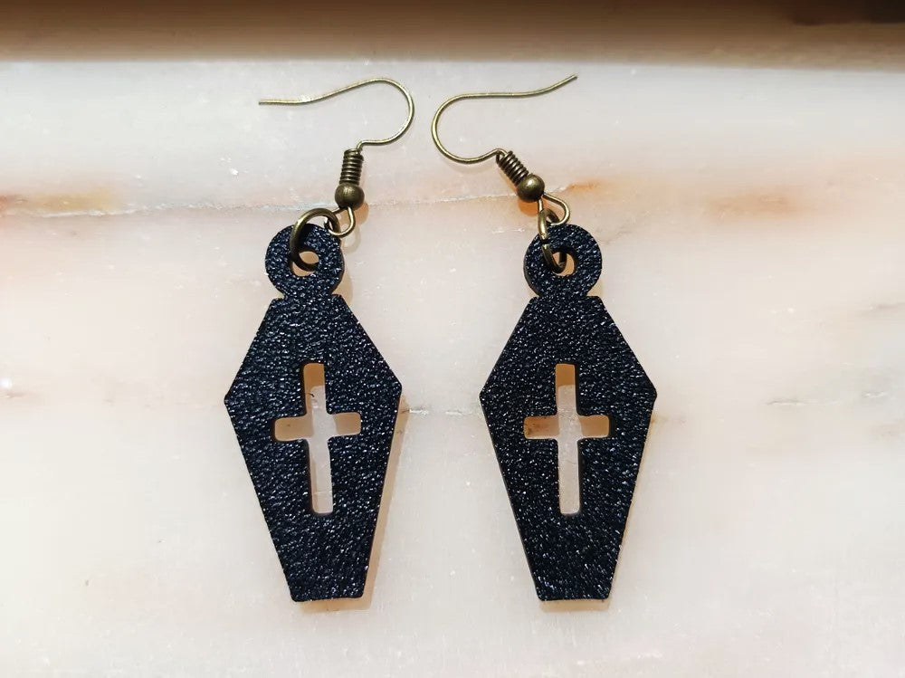 Coffin with Cross Halloween Earrings - Plastic Spooky Earrings for Festive Fun