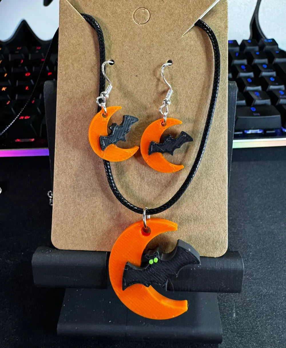 Moon and Bat Halloween Earrings – Plastic Halloween-Themed Jewelry